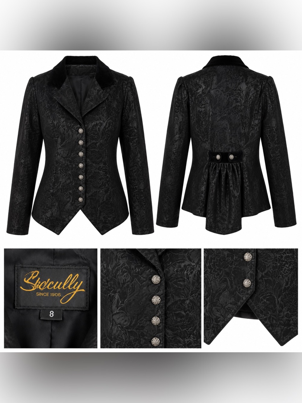 Vintage Scully Since 1906 Black Floral Jacquard Victorian Western Jacket Size 8 - Picture 4 of 4